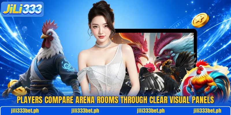 Players compare arena rooms through clear visual panels Players compare arena rooms through clear visual panels